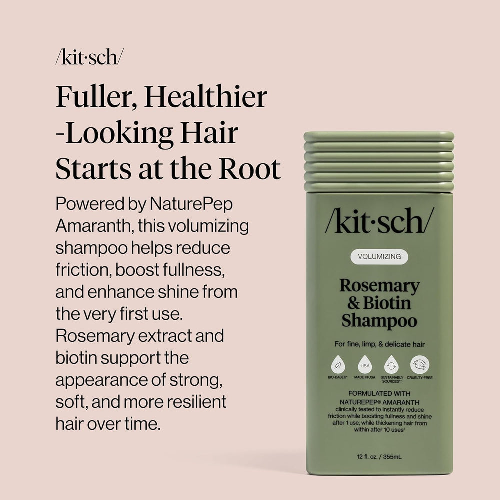Kitsch voluminisant romarin-biotine – formulation compatible couleur pour cheveux colorés.