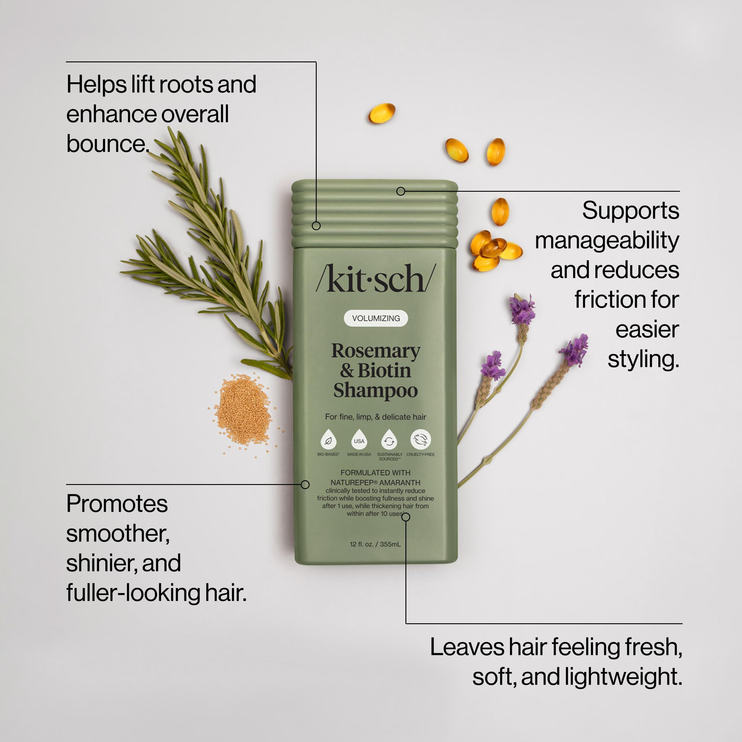 Kitsch voluminisant romarin-biotine – mousse riche lors de l’application.