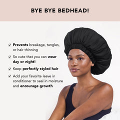 Bonnet Kitsch XL satin ajustable, maintien sûr pour toutes les longueurs de cheveux.