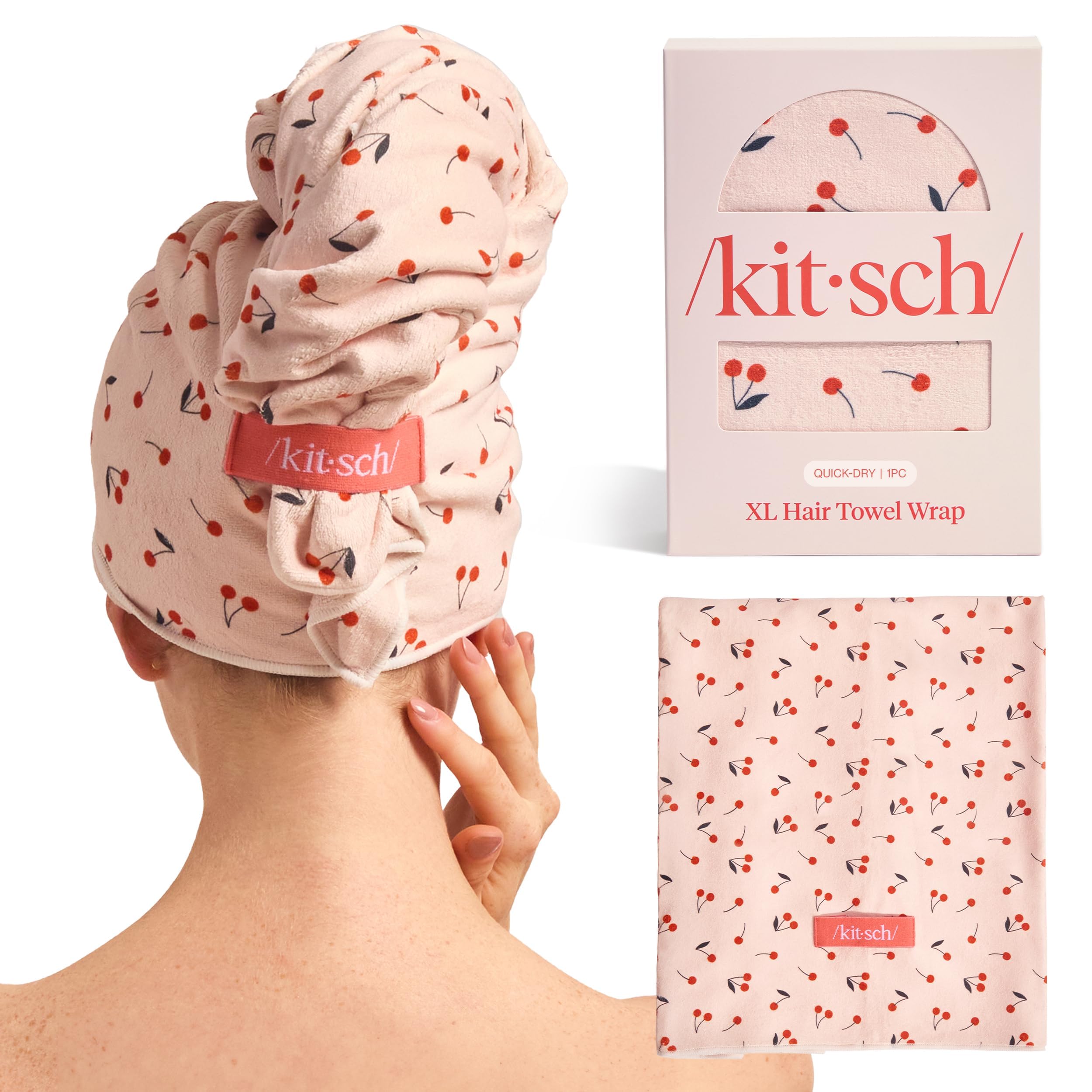 Kitsch XL serviette cheveux microfibre impression cerise pour séchage rapide.