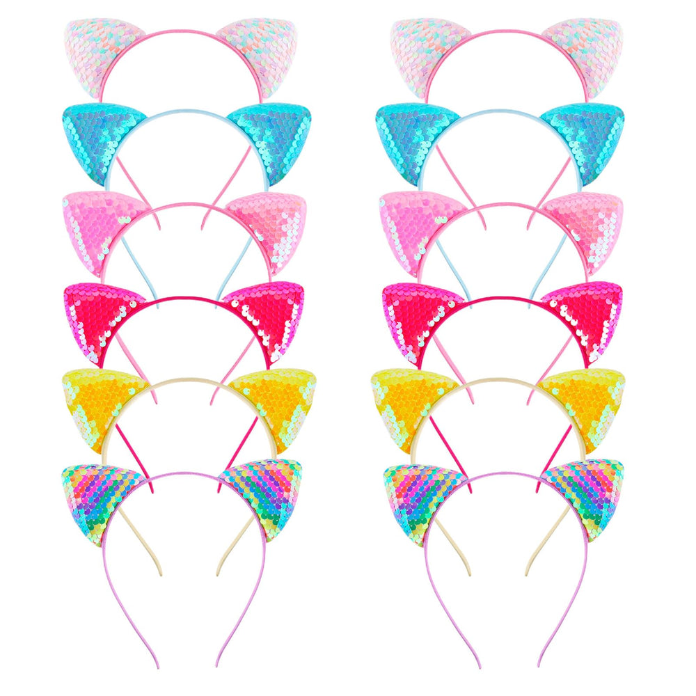 KIUSOWAYD ensemble 12 bandes oreilles-chat-sequin, parfait pour un look festif et cosplay.