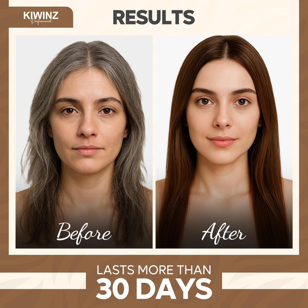 Applied Kiwinz shampoo on hair roots demonstrates instant color and lasting vibrancy