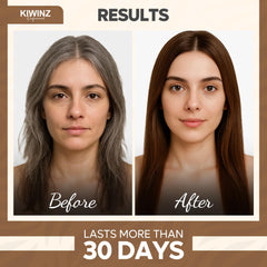 Applied Kiwinz shampoo on hair roots demonstrates instant color and lasting vibrancy