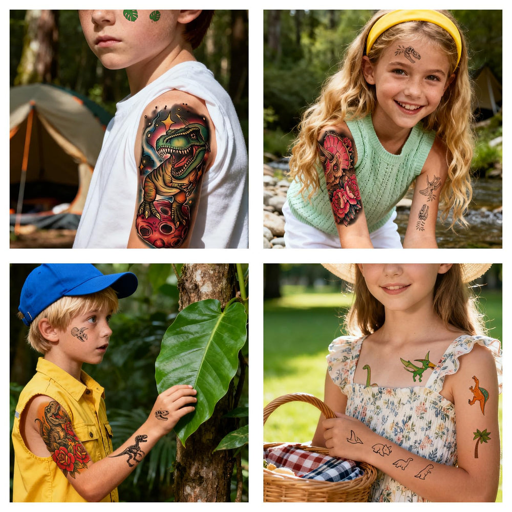 KJYIOY tatouages dinosaure pour anniversaires d'enfants, décor coloré.