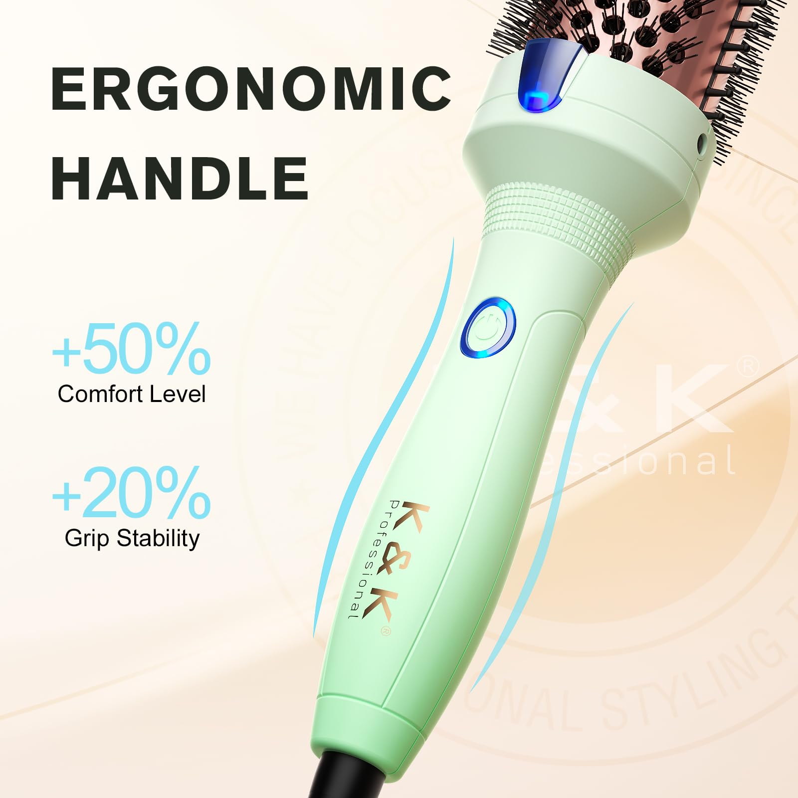 K&K Therm Brush bouton simple facilitant le coiffage en toute simplicité.