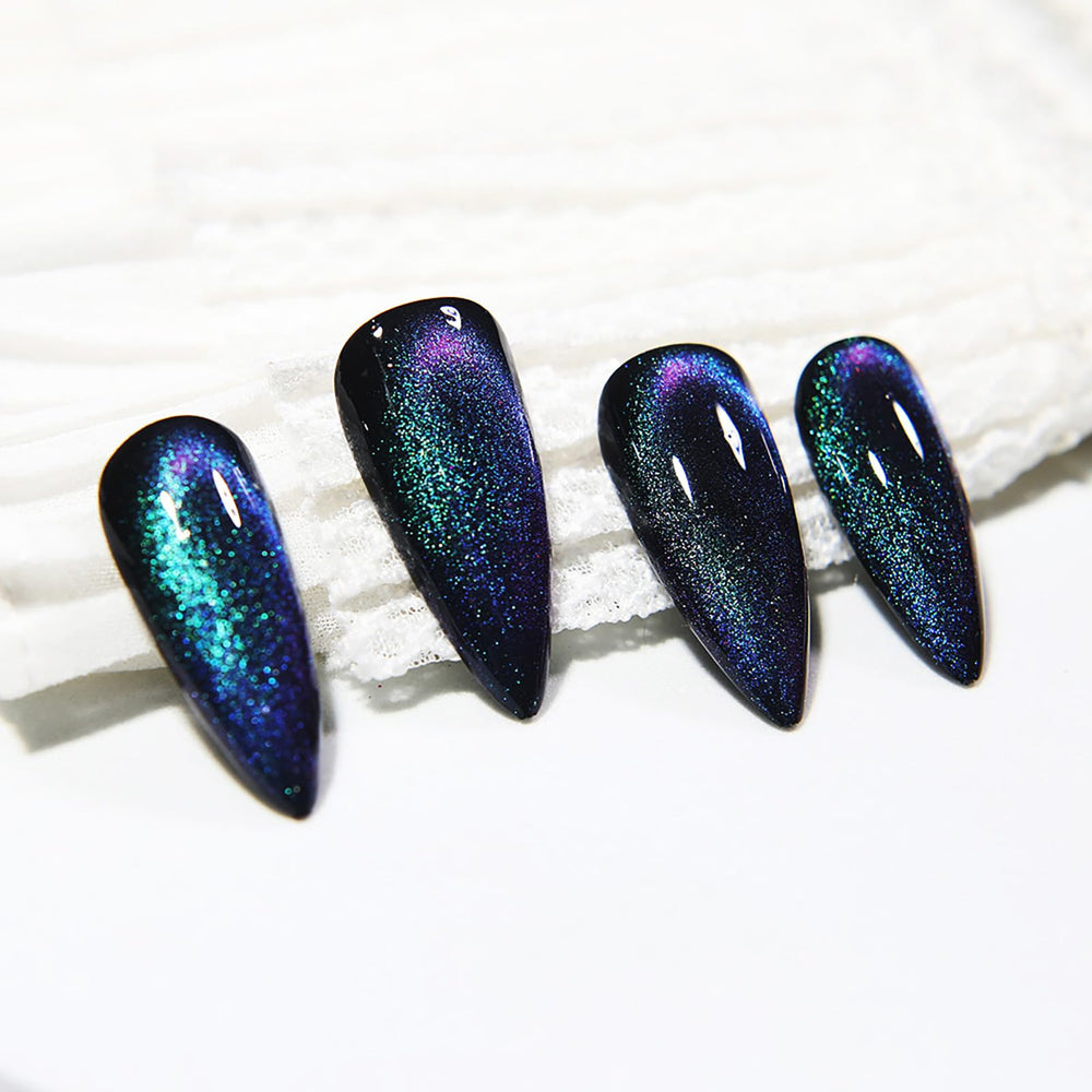 KKUUOO onglets adhésifs stiletto bleu gradient irisé, effet oeil-de-chat pour une manucure tendance