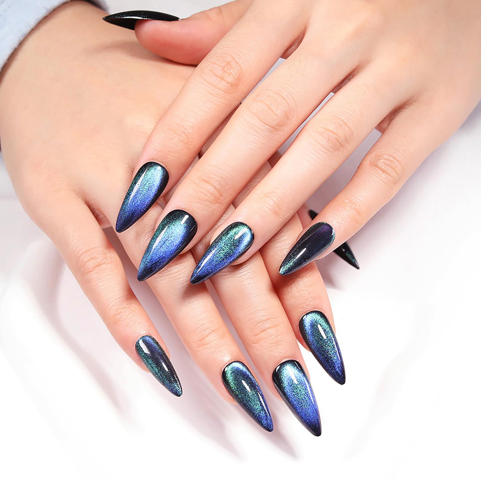 KKUUOO onglets adhésifs stiletto bleu lumineux, reflets irisés pour style moderne
