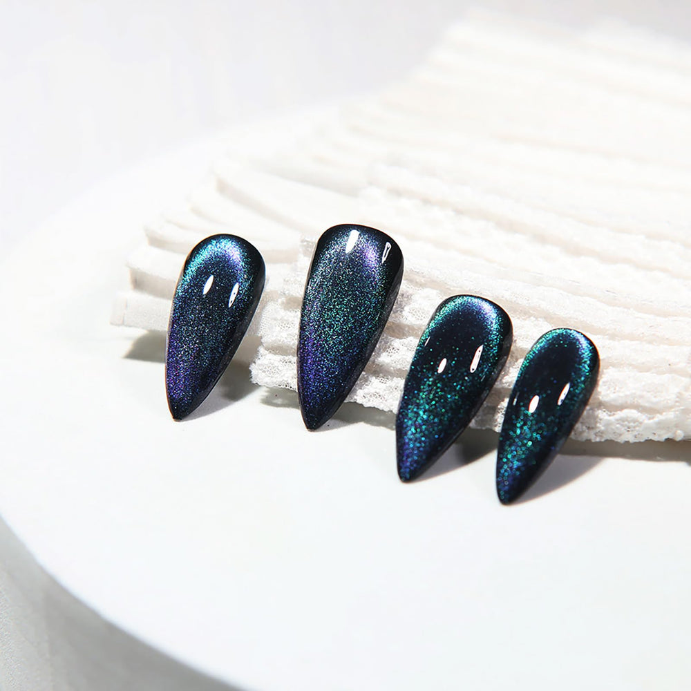 KKUUOO onglets adhésifs stiletto bleu pailleté irisé, effet oeil-de-chat pour un look festif