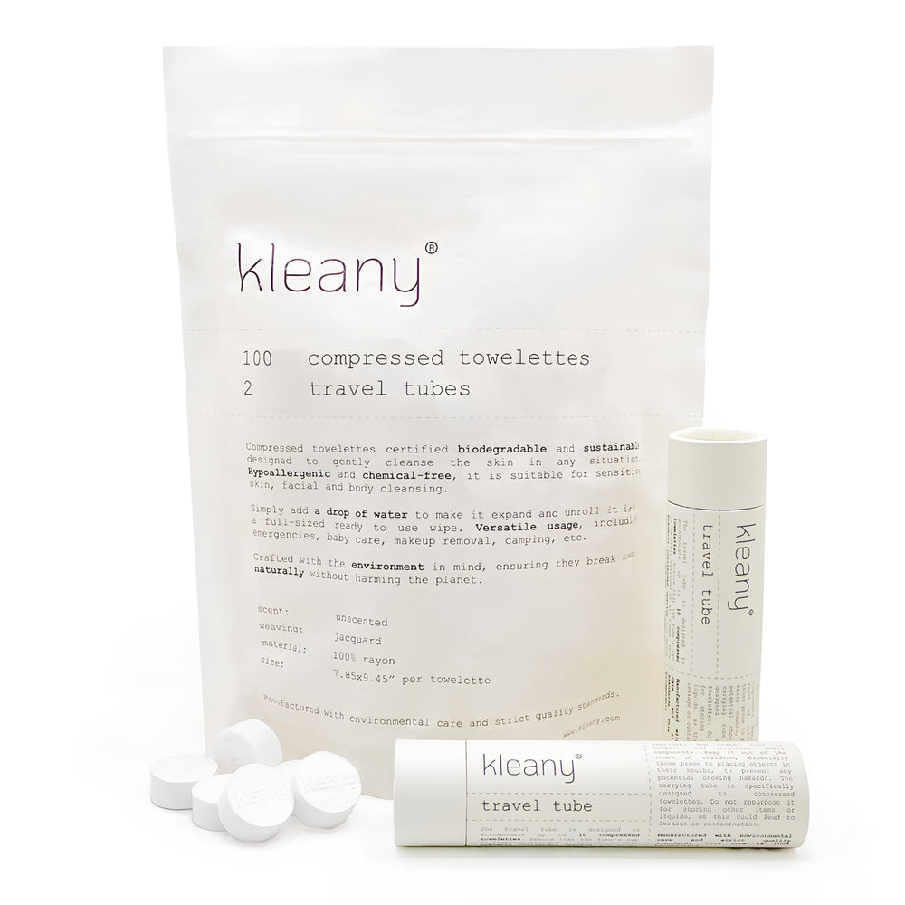 Kleany lingettes comprimées: emballage compact pour voyage pratique.