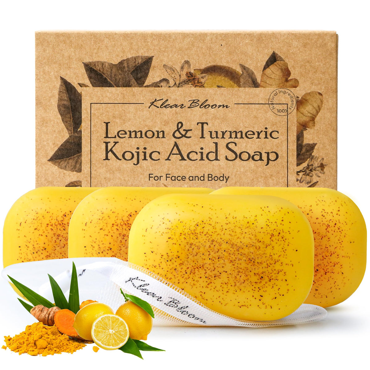 Savon KlearBloom au citron et curcuma, exfoliant doux pour visage et corps.