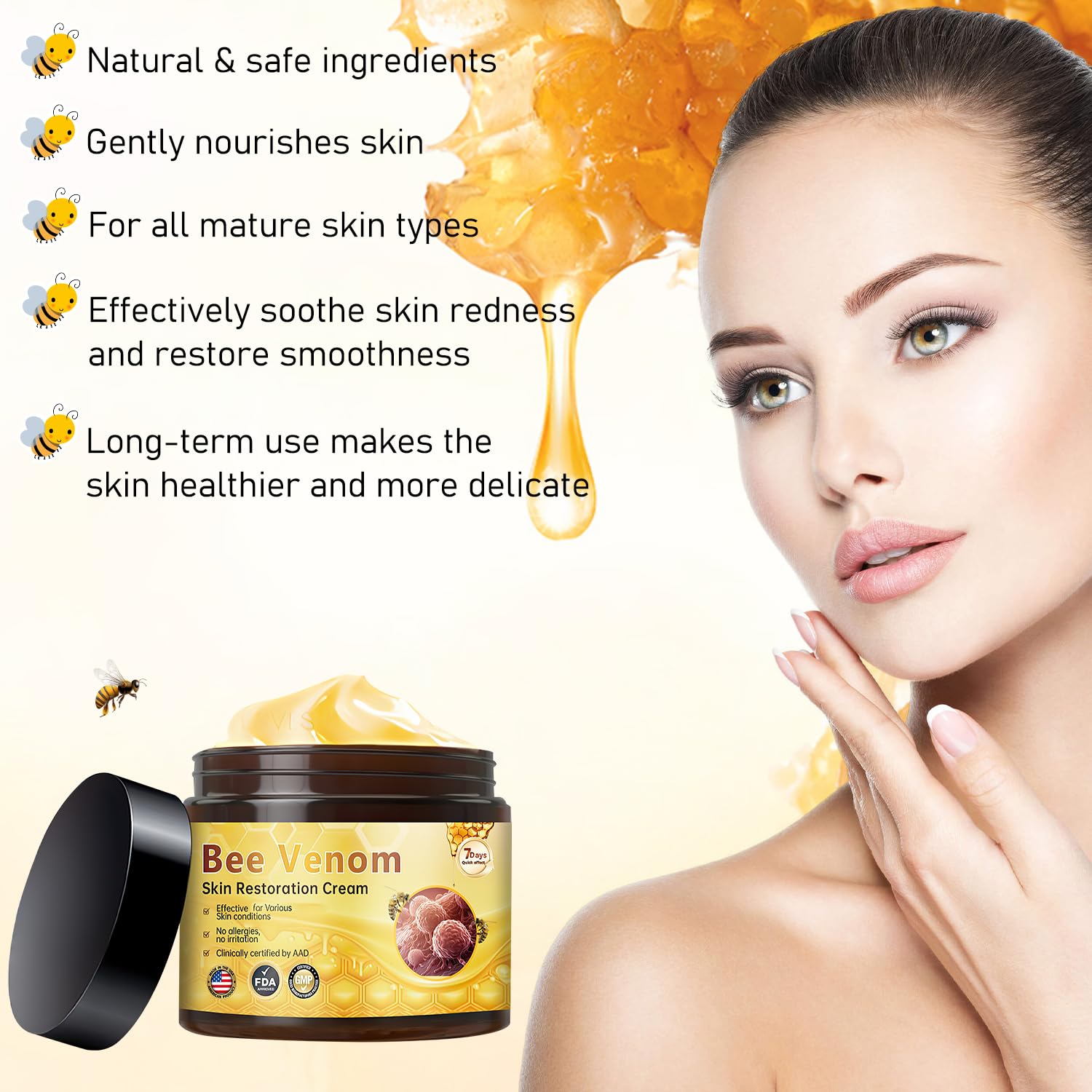 KLIFE Crème venin d'abeille, application douce sur la peau du visage.