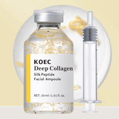 KOEC Deep Collagen Silk Peptide serum close-up shows silky, water-like texture for all-day hydration