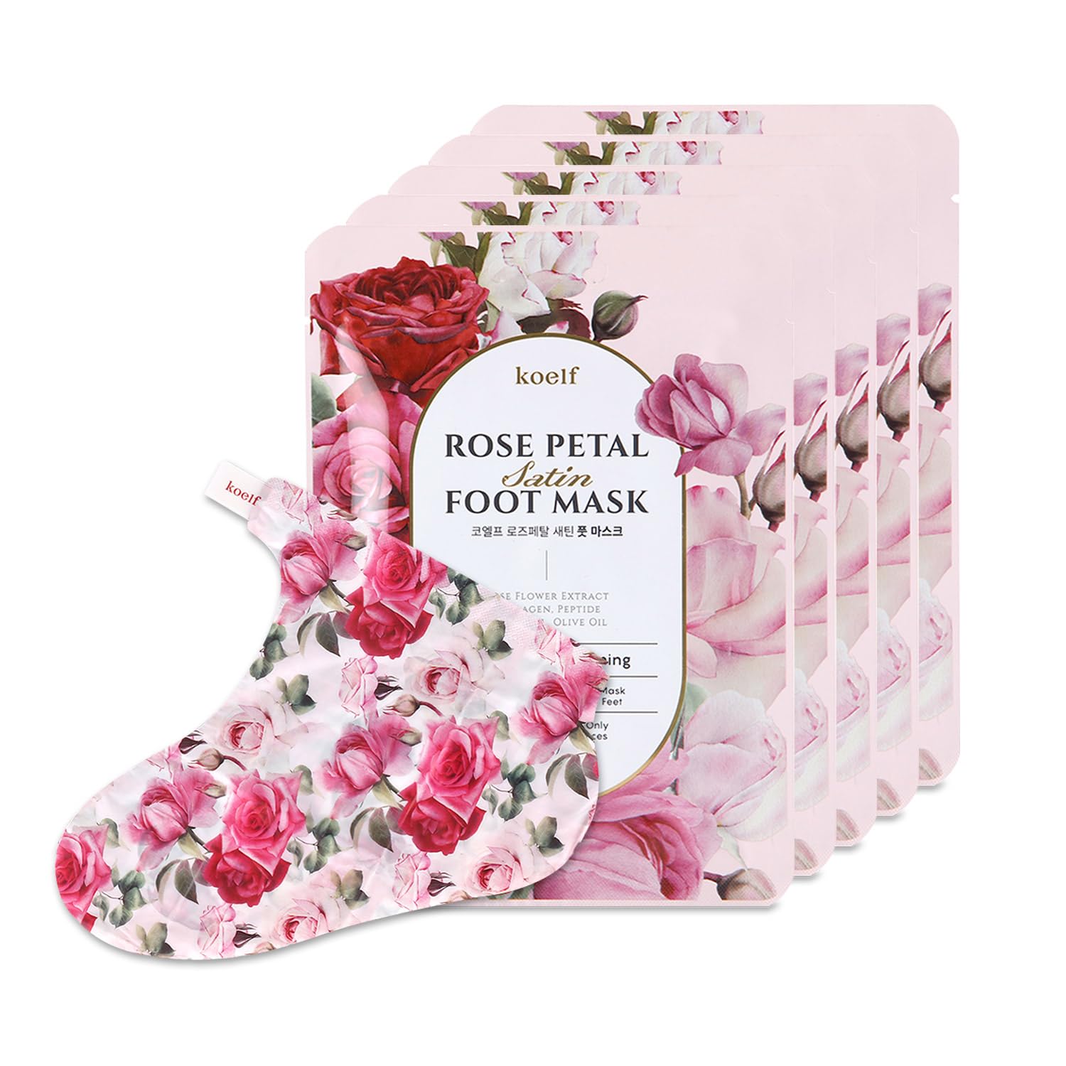 Koelf PETITFEE masque pieds Rose pétale satin – emballage élégant pour spa à domicile.