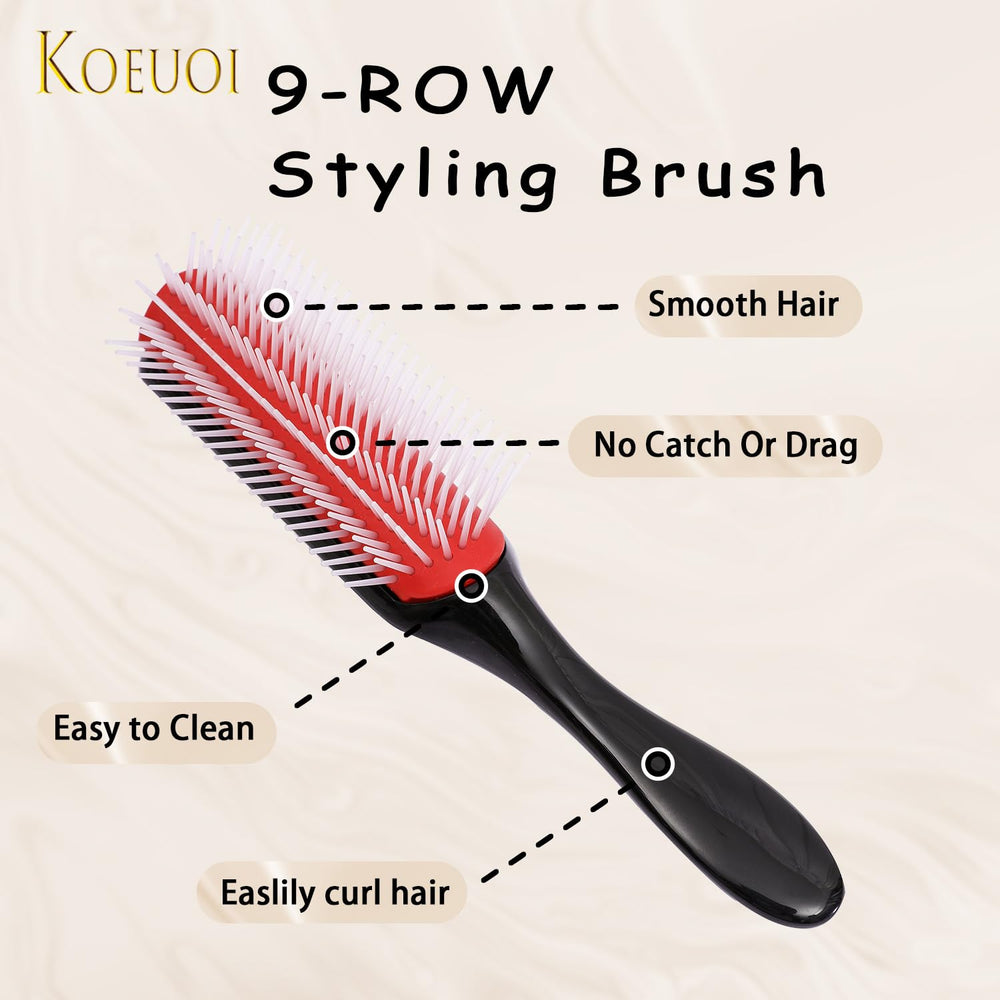 Brosse Koeuoi pour démêlage 9 rangs sur cheveux texturés.