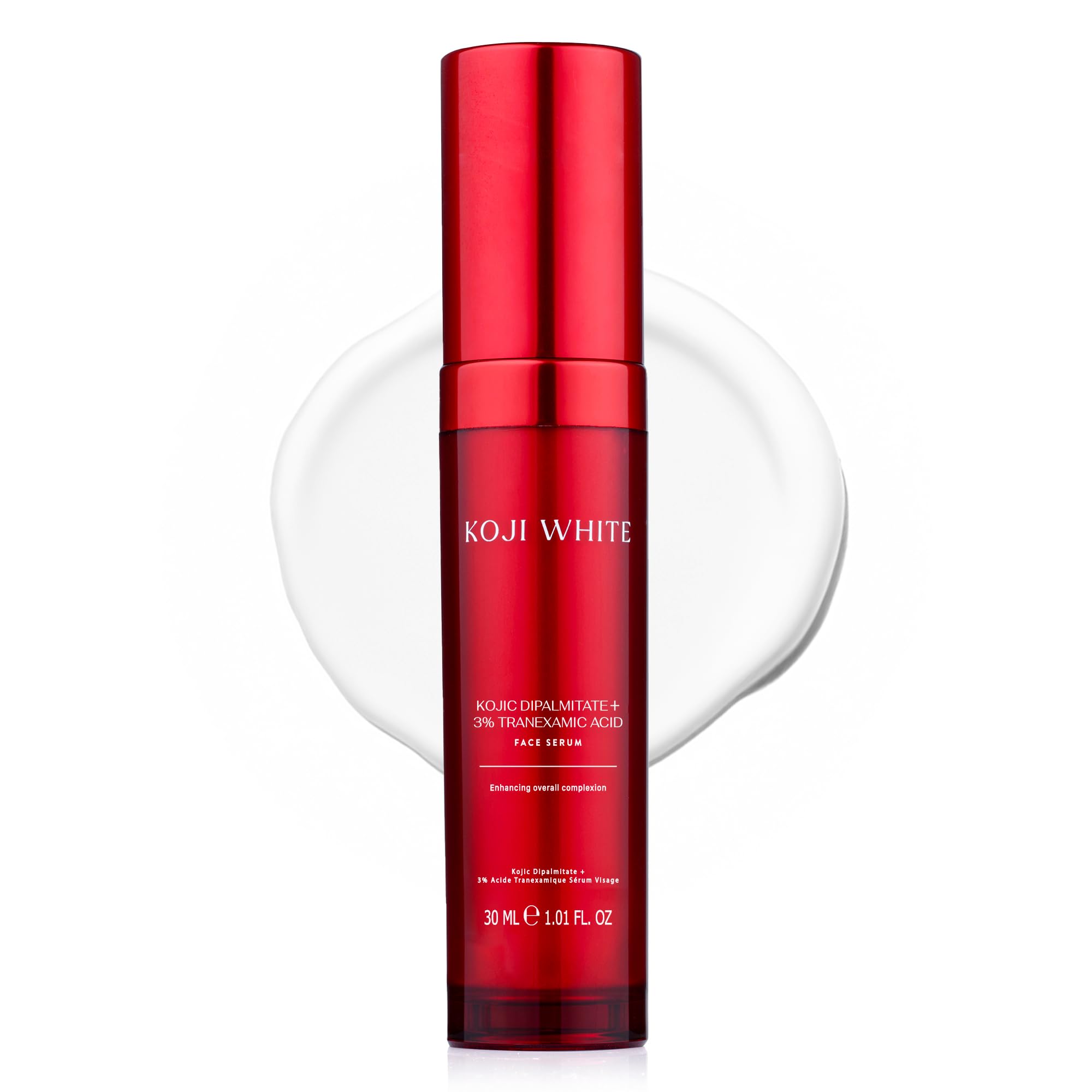 Koji White serum bottle pour shows a clean fragrance-free formula for sensitive skin.