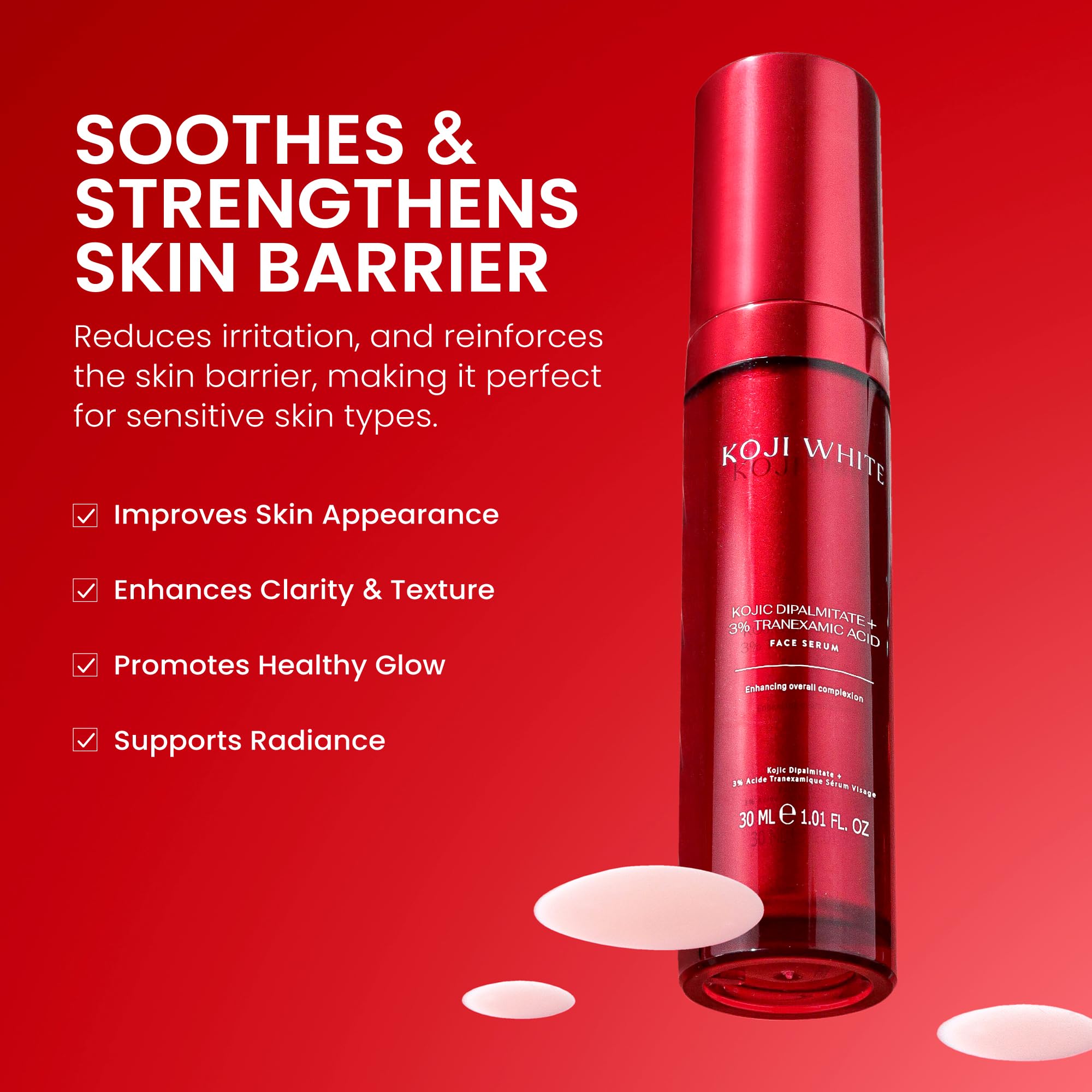 Hygienic pump dispenser on Koji White serum highlights precise dosing.