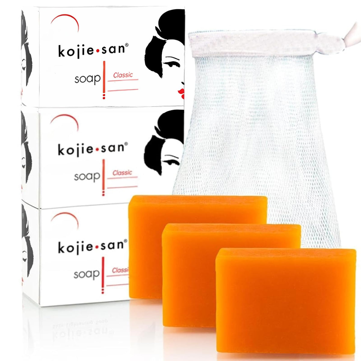 Kojie San savon Kojic Acid avec vue sur les 3 barres et le filet