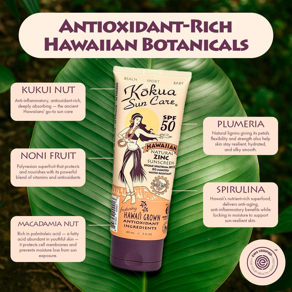 Kokua, oxyde de zinc minéral, défense UVA/UVB naturelle.