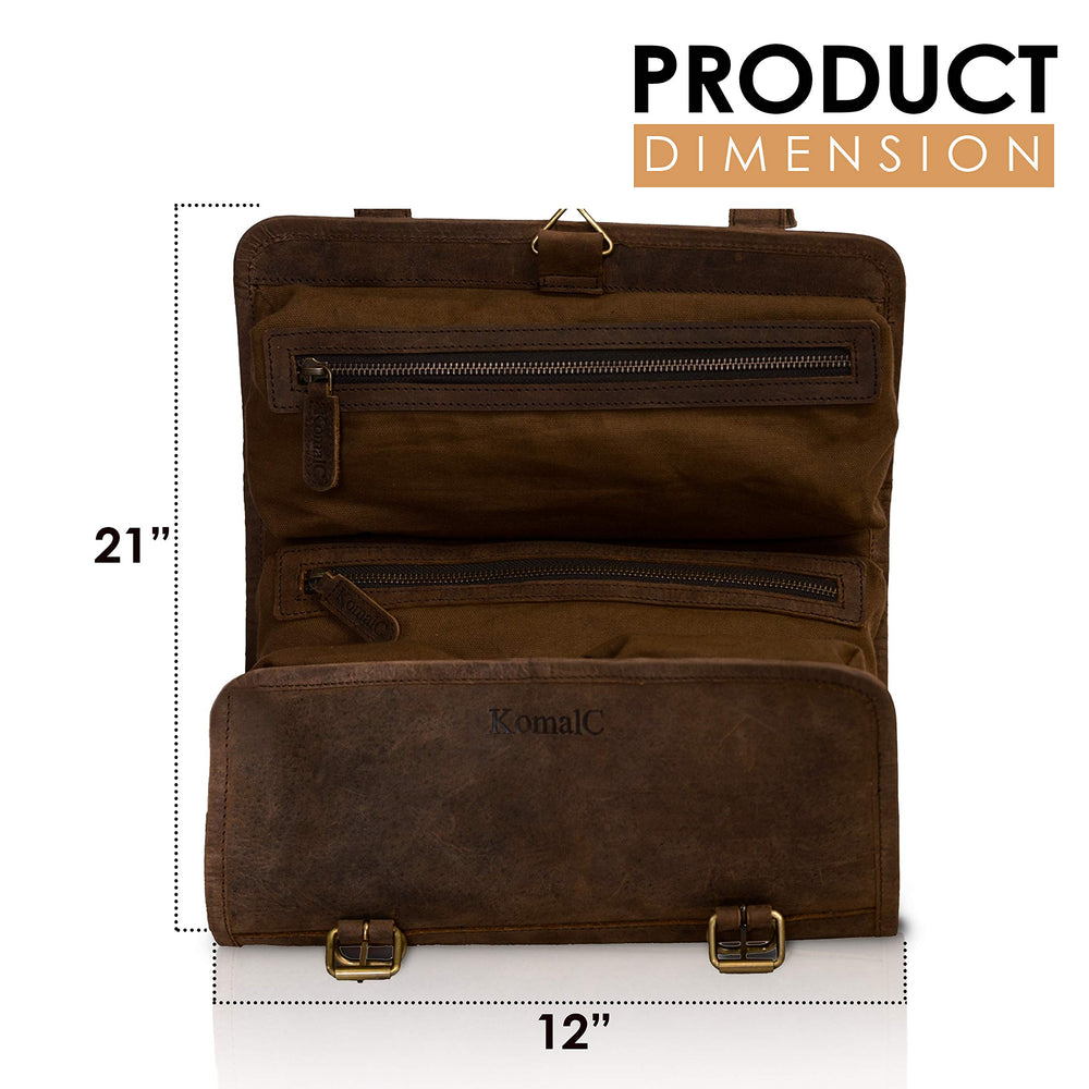 KomalC kit de toilette en cuir buffle, quatre poches intérieures pour organisation.