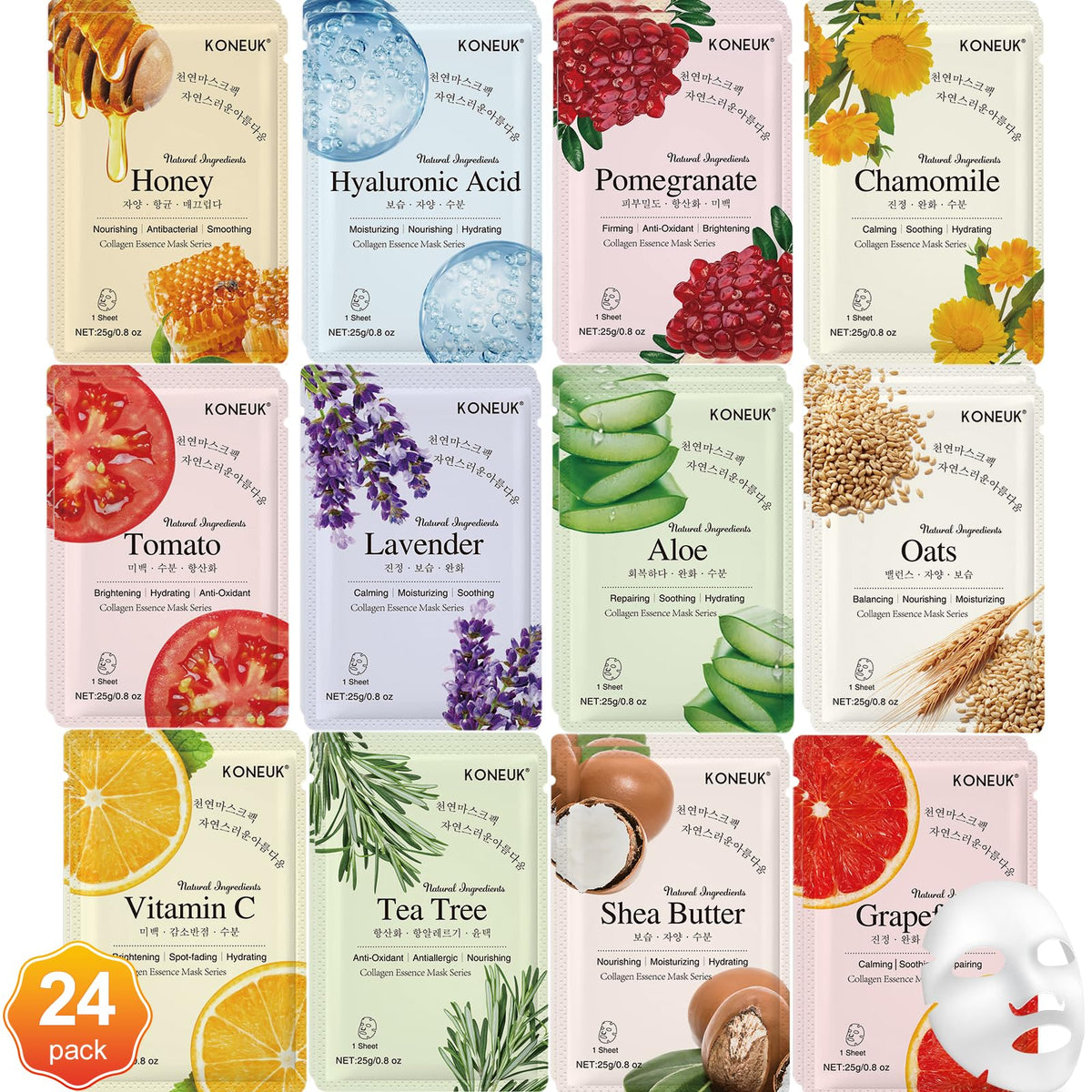 KONEUK 24 pack masques visage – hydratation et élasticité améliorées.