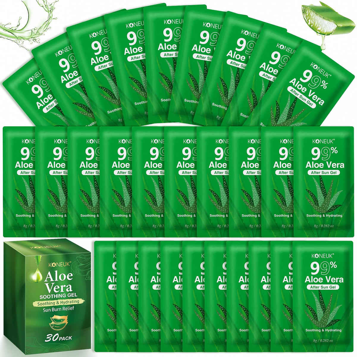 KONEUK Aloe Vera Gel – 30 paquets, soin rapide et apaisant pour peau et cheveux