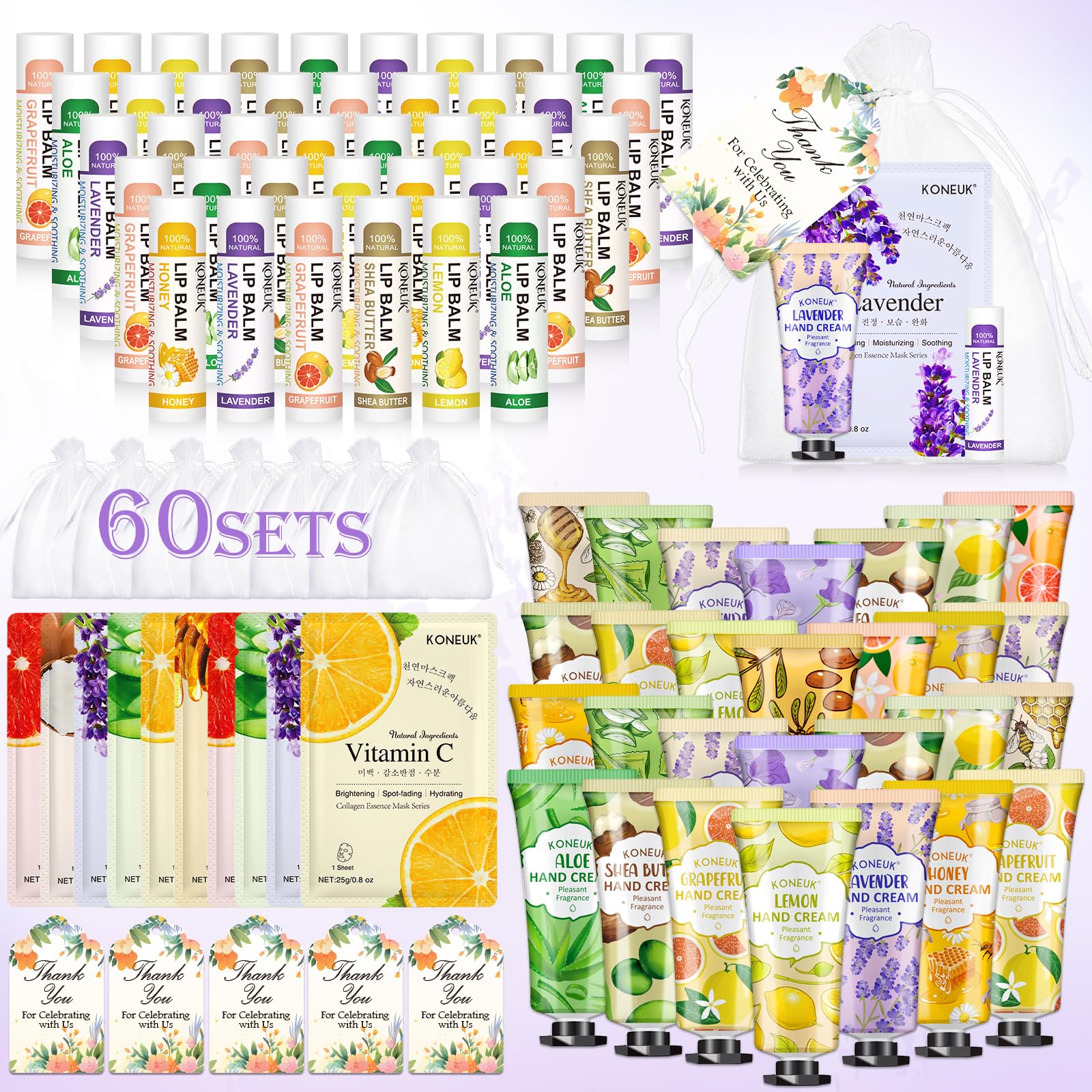 Baume à lèvres KONEUK, ensemble de 60 paquets, hydratation rapide pour des lèvres douces.