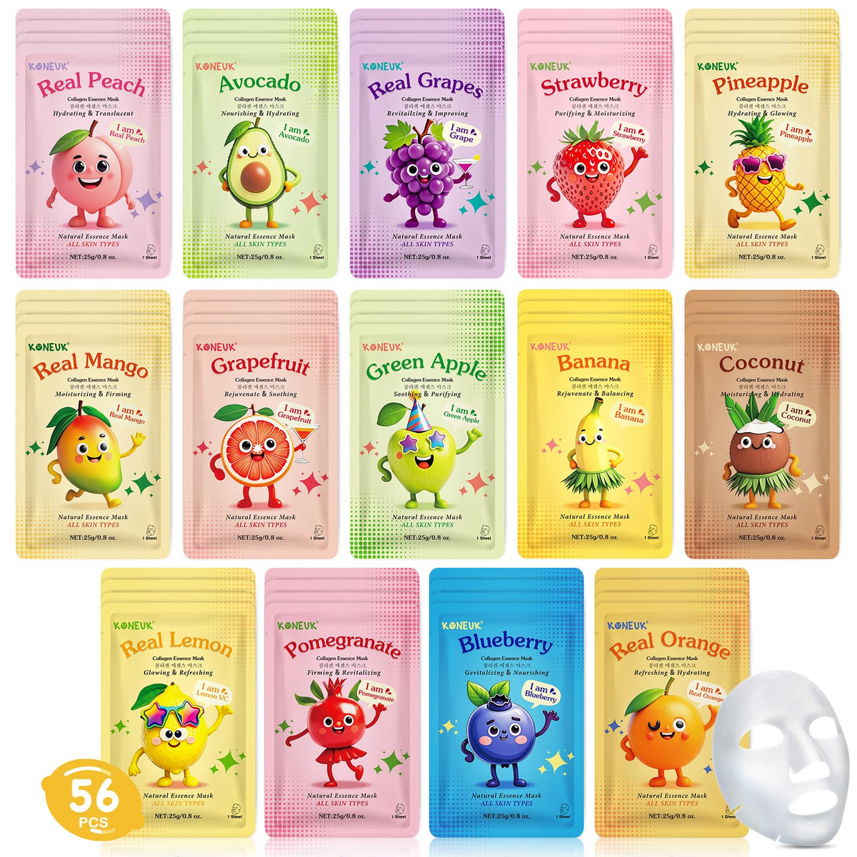 KONEUK ensemble 56 masques fruits visage hydratation douce