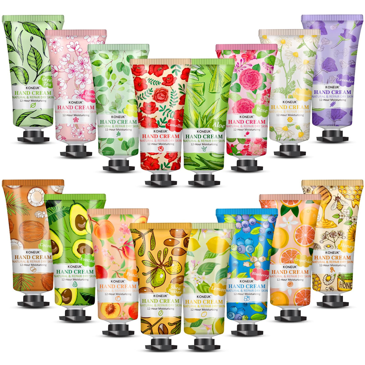 KONEUK ensemble de 16 crèmes mains — coffret parfumé et hydratant en format voyage.