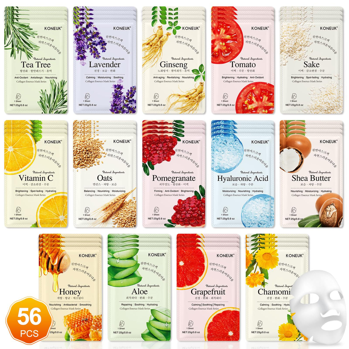 KONEUK ensemble masques visage 56 packs, hydratation rapide pour tous types de peaux