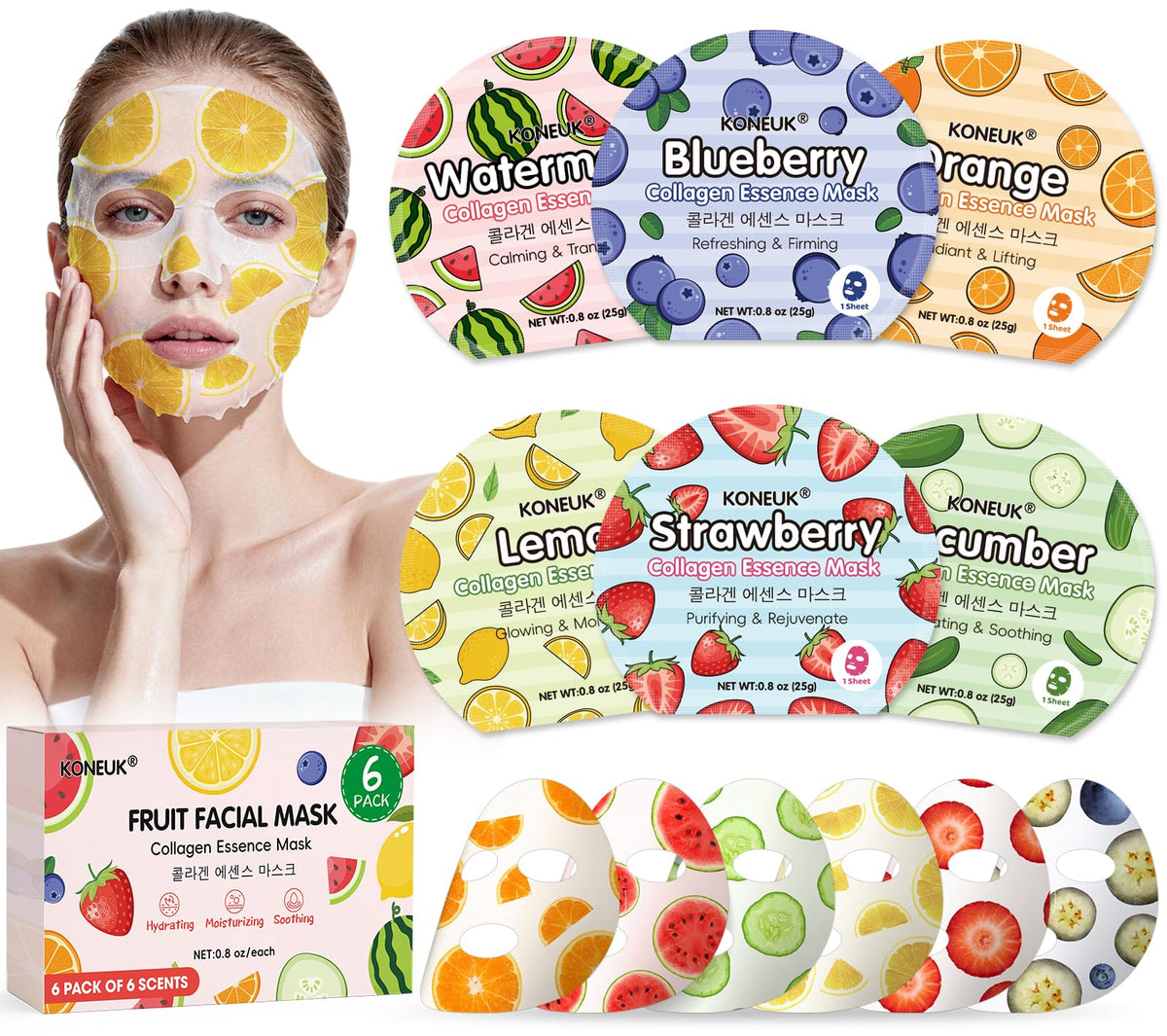 KONEUK masque visage fruits colorés 6-pack, hydratation rapide et éclat