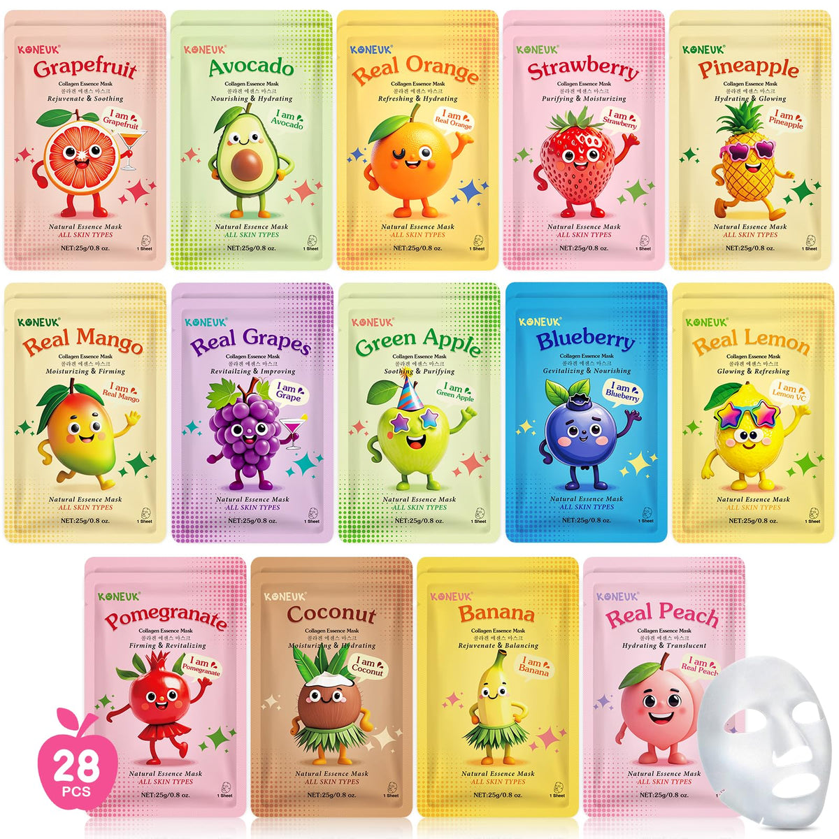 Masques KONEUK fruits 28-pack: hydratation légère et expérience ludique.