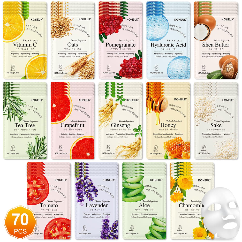 KONEUK masque visage 70-pack ensemble, hydratation rapide, pour tous types de peau.