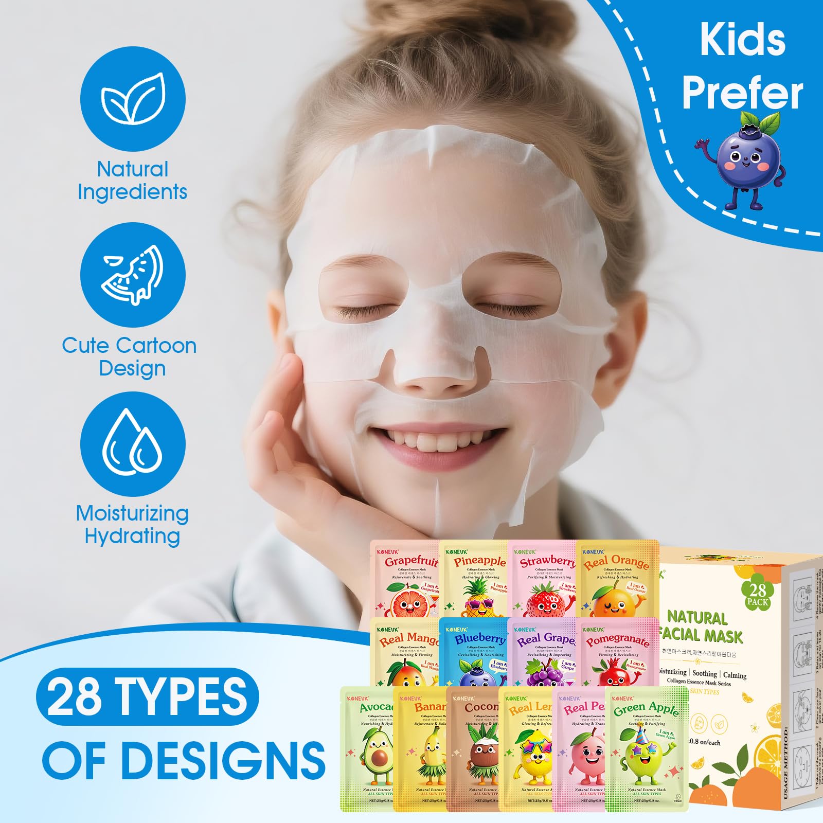 Masques visage ado KONEUK, motifs kawaii fruits pour égayer la routine.