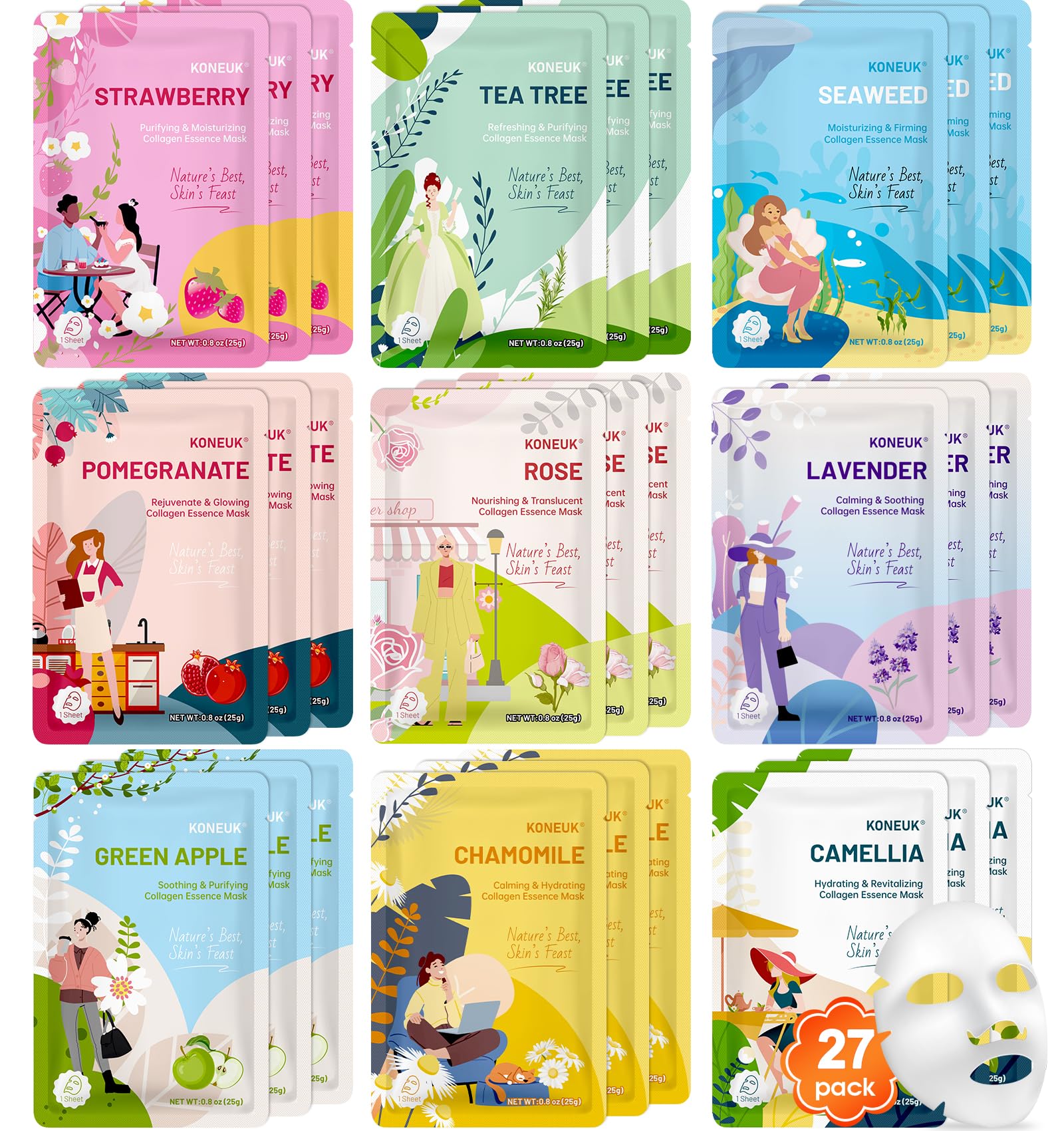 Coffret KONEUK 27 masques visage collagène pour hydratation rapide.