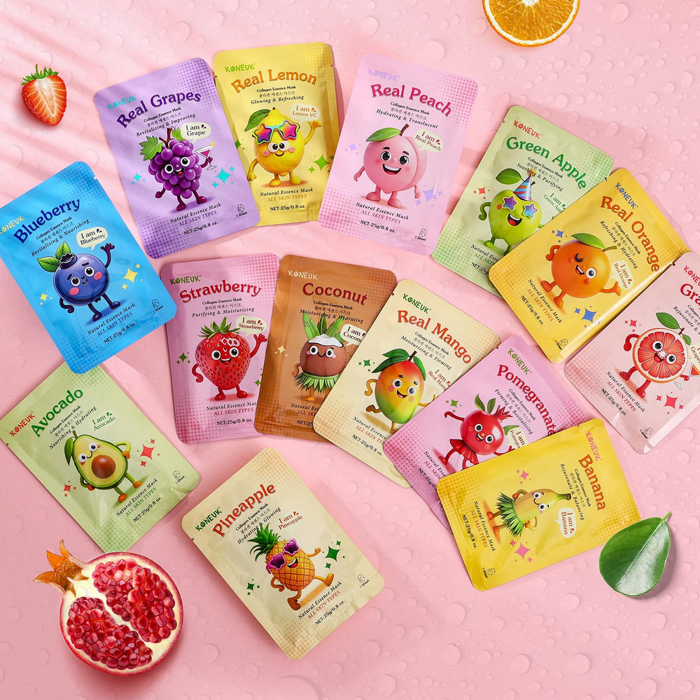 Lot de masques fruits KONEUK offrant une expérience spa à domicile.
