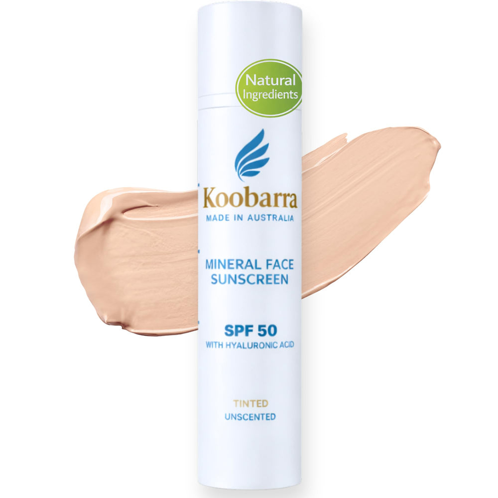 Koobarra protection minérale SPF50, teinte claire, écran naturel pour peau sensible.