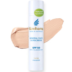 Koobarra protection minérale SPF50, teinte claire, écran naturel pour peau sensible.