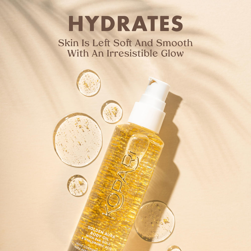 Kopari huile-corps doree 24k, texture légère pour une application rapide.