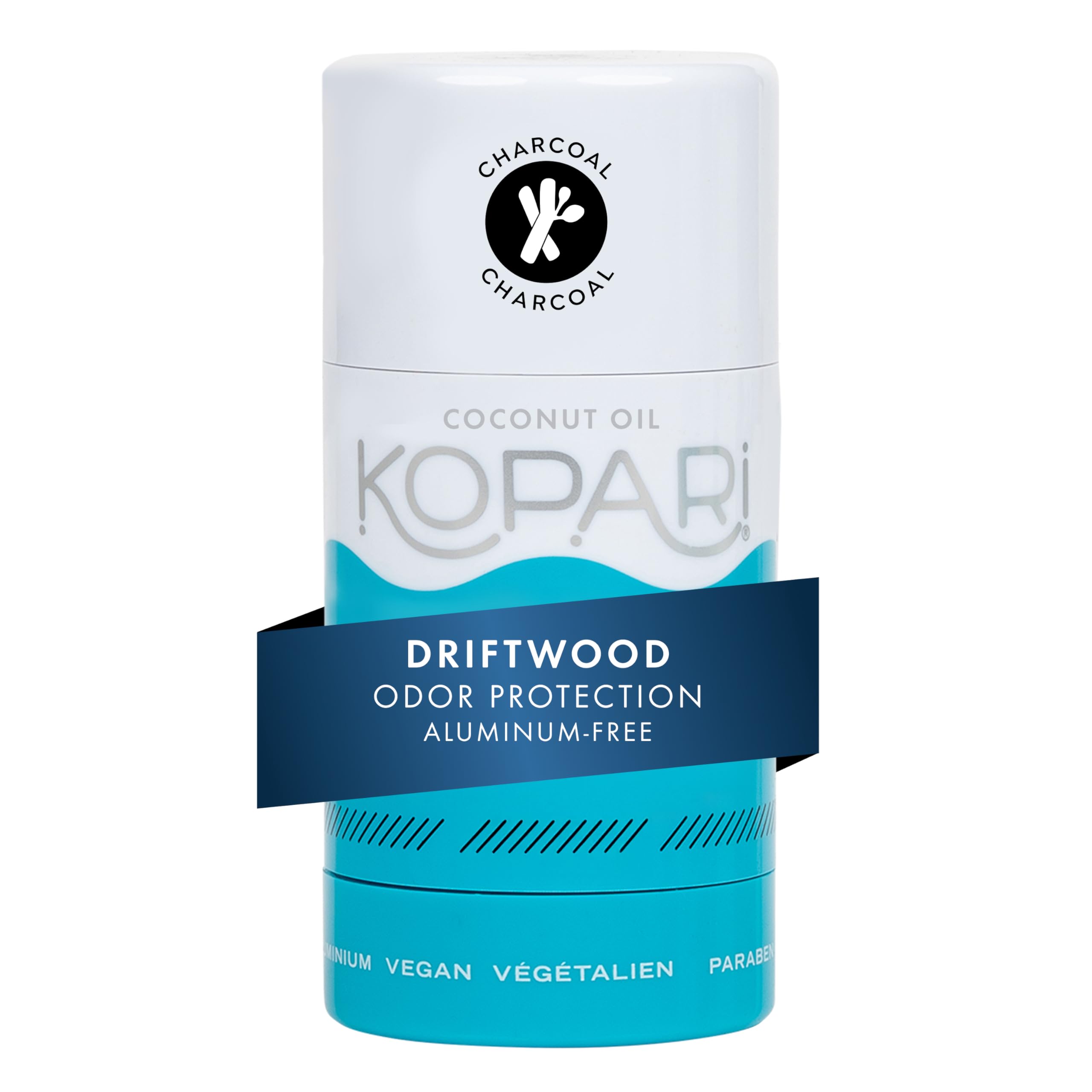 Kopari charcoal deodorant stick close-up emphasizing odor control without aluminum