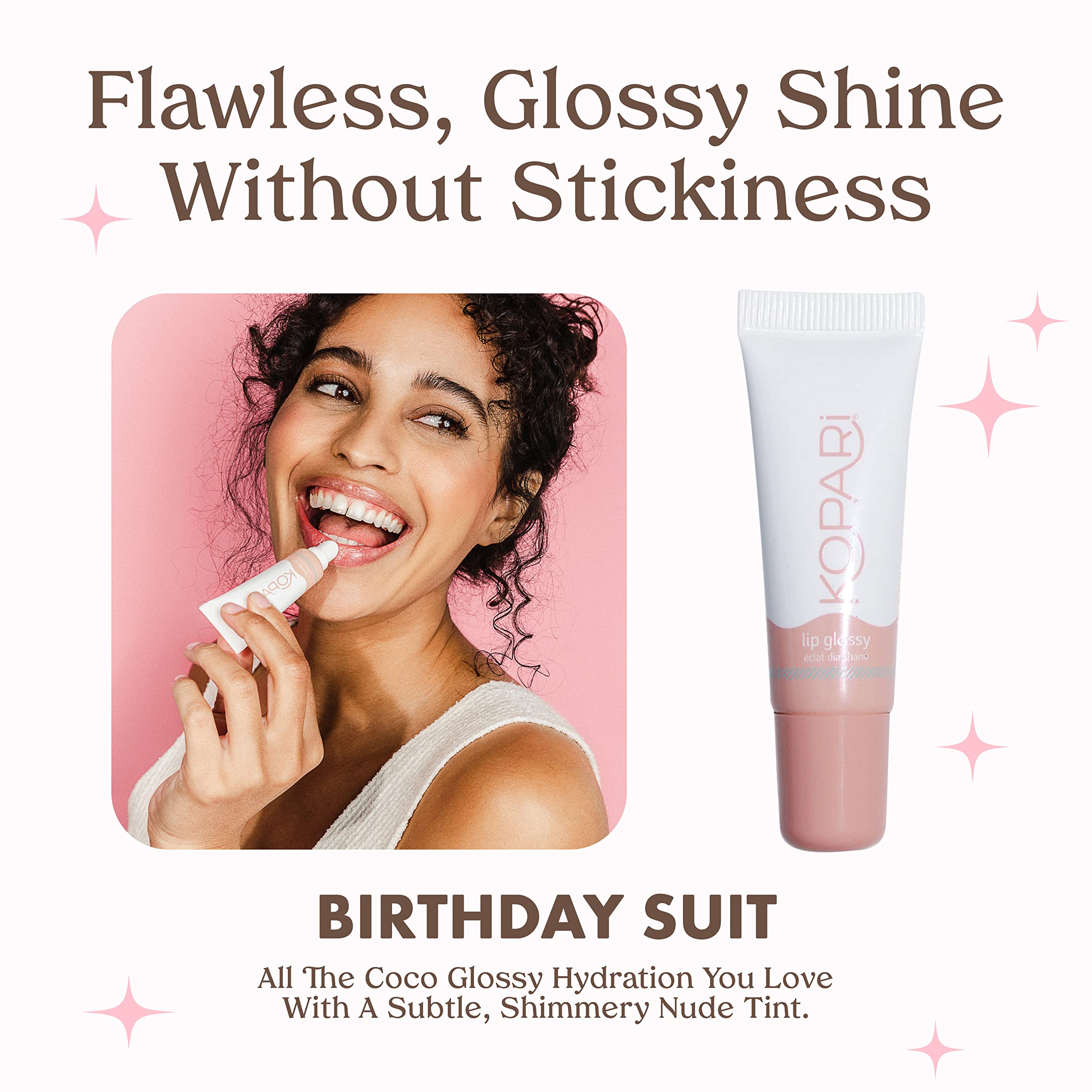 Brillance légère du Kopari Gloss Lèvres Coco qui rehausse la couleur naturelle.