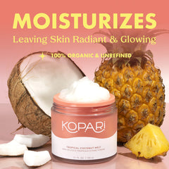 Texture lisse de l’huile Kopari coco bio pour visage et corps.