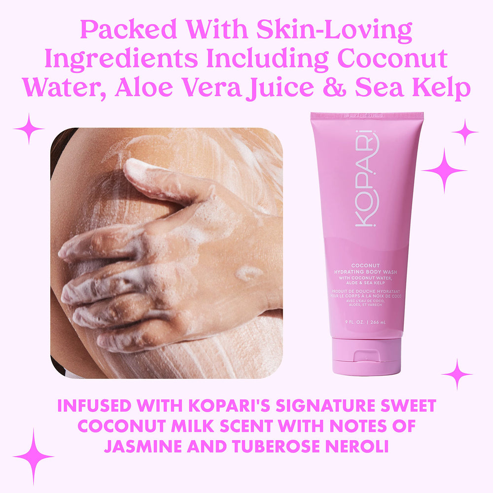 Kopari Gel Douche Hydratant : ingrédients coco aloe et kelp pour douceur.