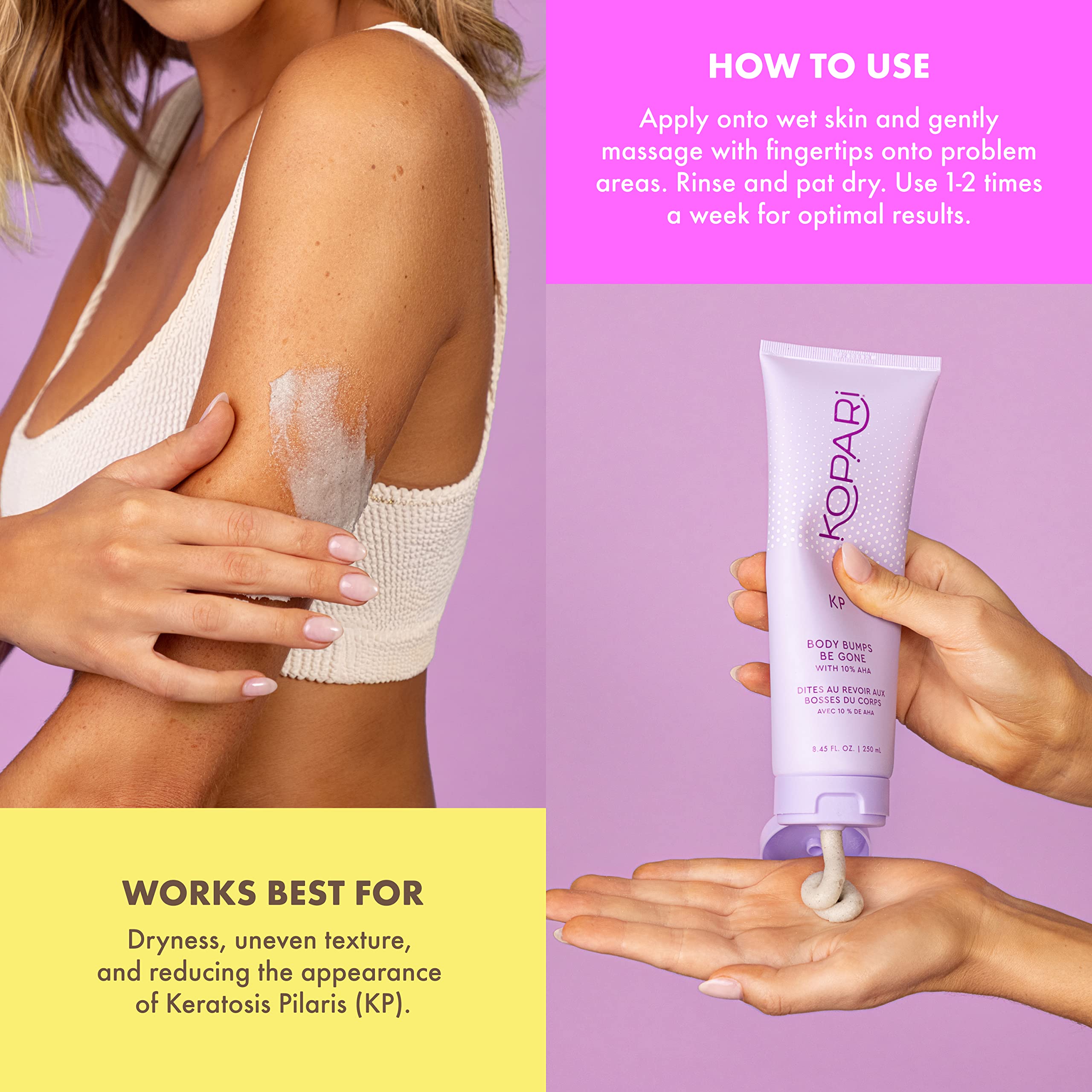 Micro-grains et AHA Kopari – délogent les pores congestionnés pour peau clarifiée.