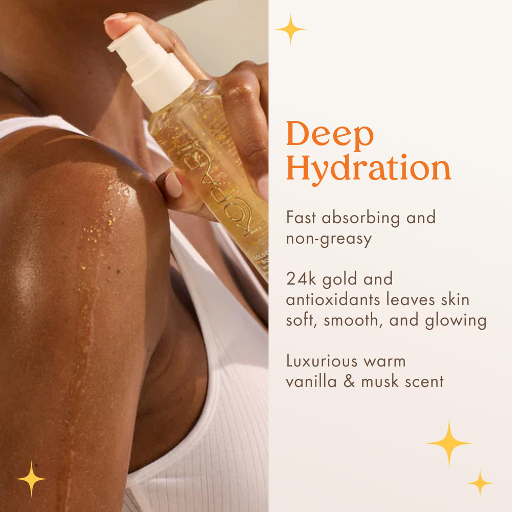 Kopari huile-corps doree 24k, peau lumineuse et non gras après absorption.