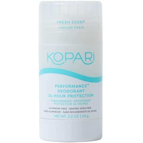Kopari Performance Plus deodorant bottle showing a clear aluminum-free formula for sensitive underarms