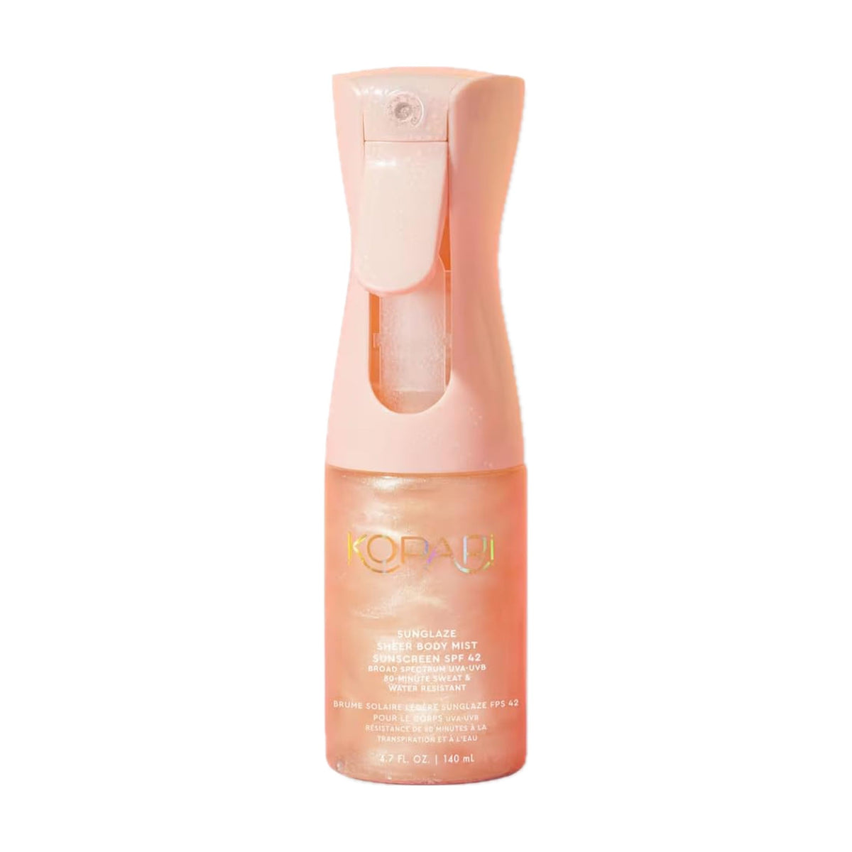 Kopari Rose Gold Sunglaze, brume solaire SPF 42 pour protection légère et éclat naturel.