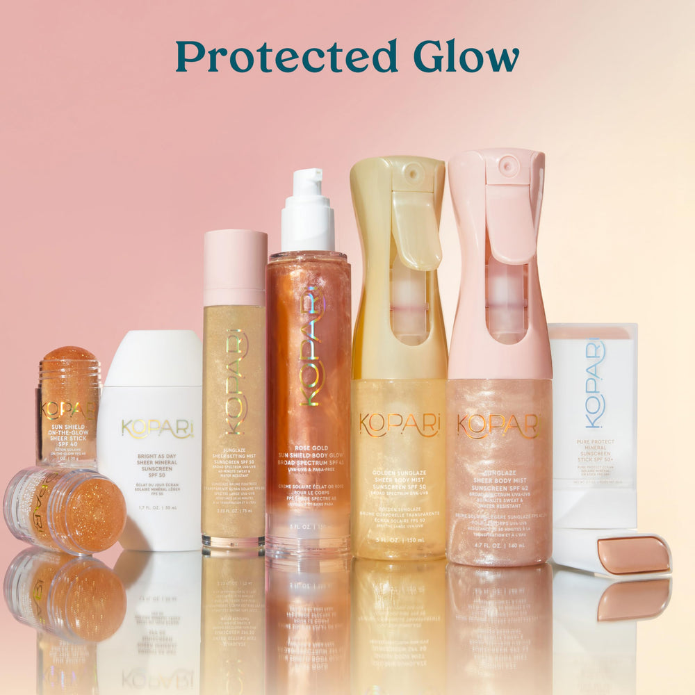 Gel léger Kopari Sun Shield Body Glow sonctionne rapidement sans résidu gras.