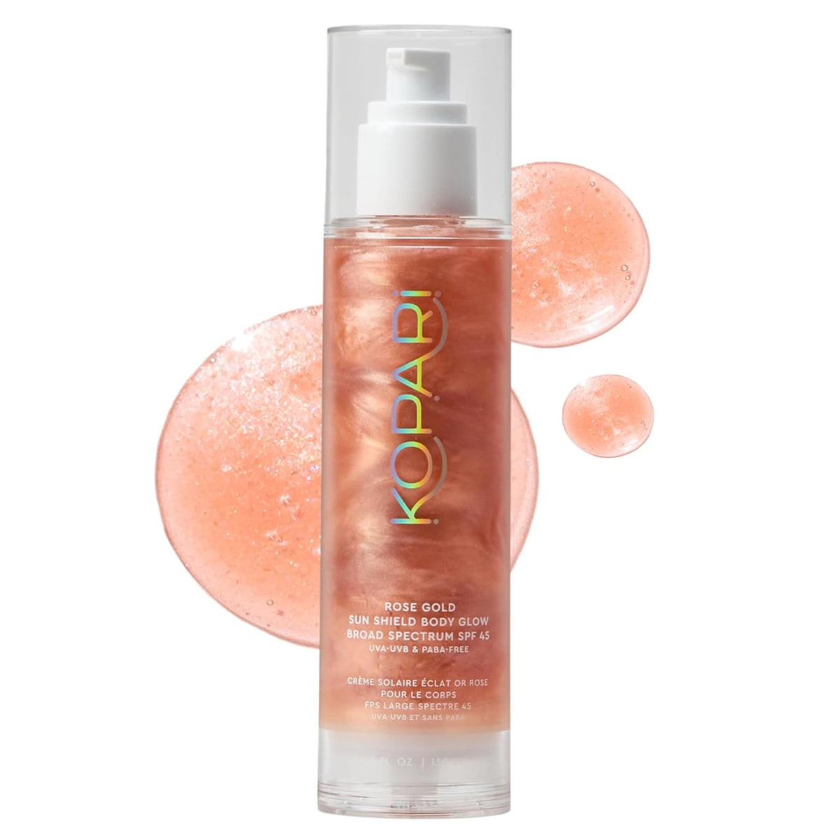 Kopari Sun Shield Body Glow en flacon rose doré révélant linalité éclat et protection solaire.