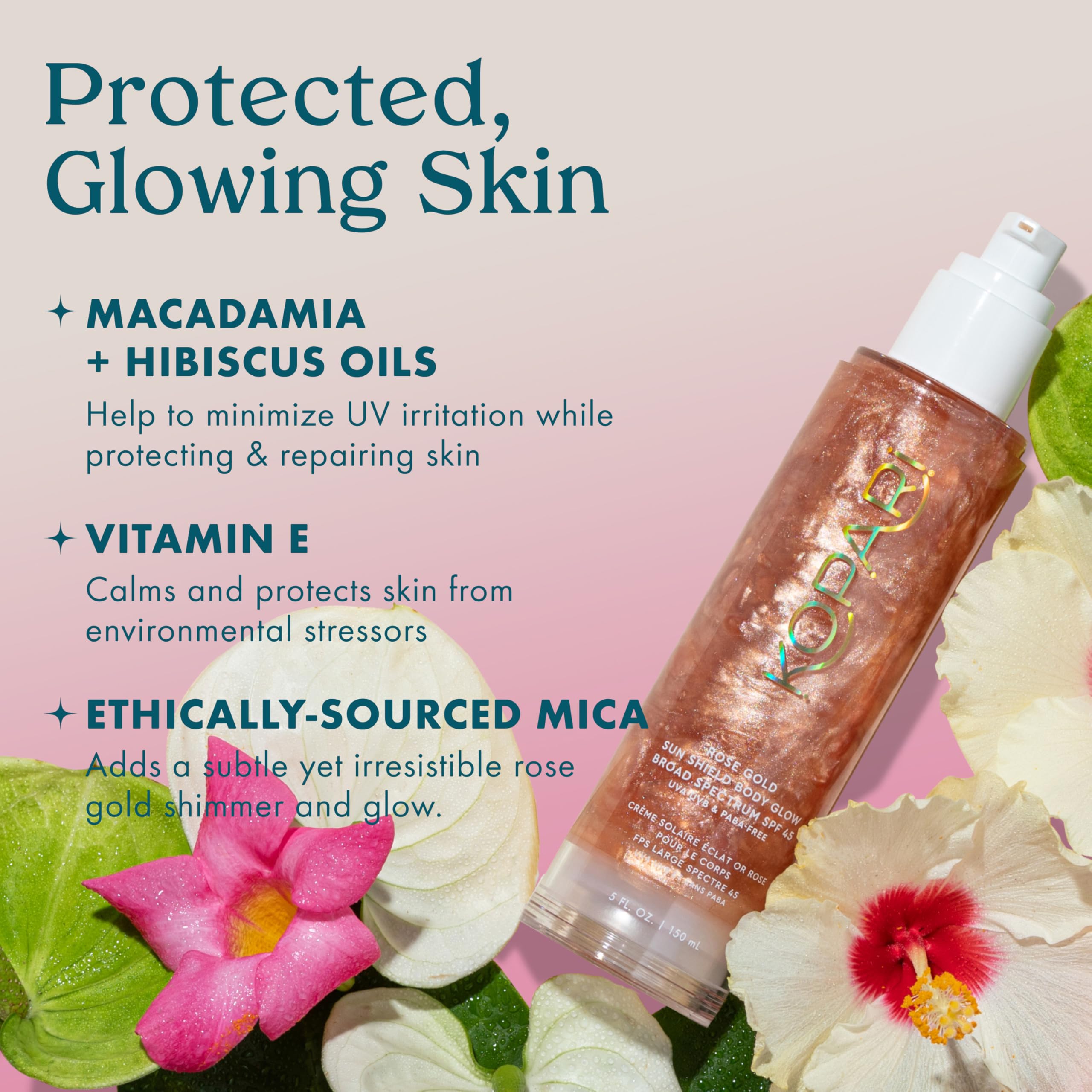 Brillance rosée dorée Kopari Sun Shield Body Glow sur la peau.