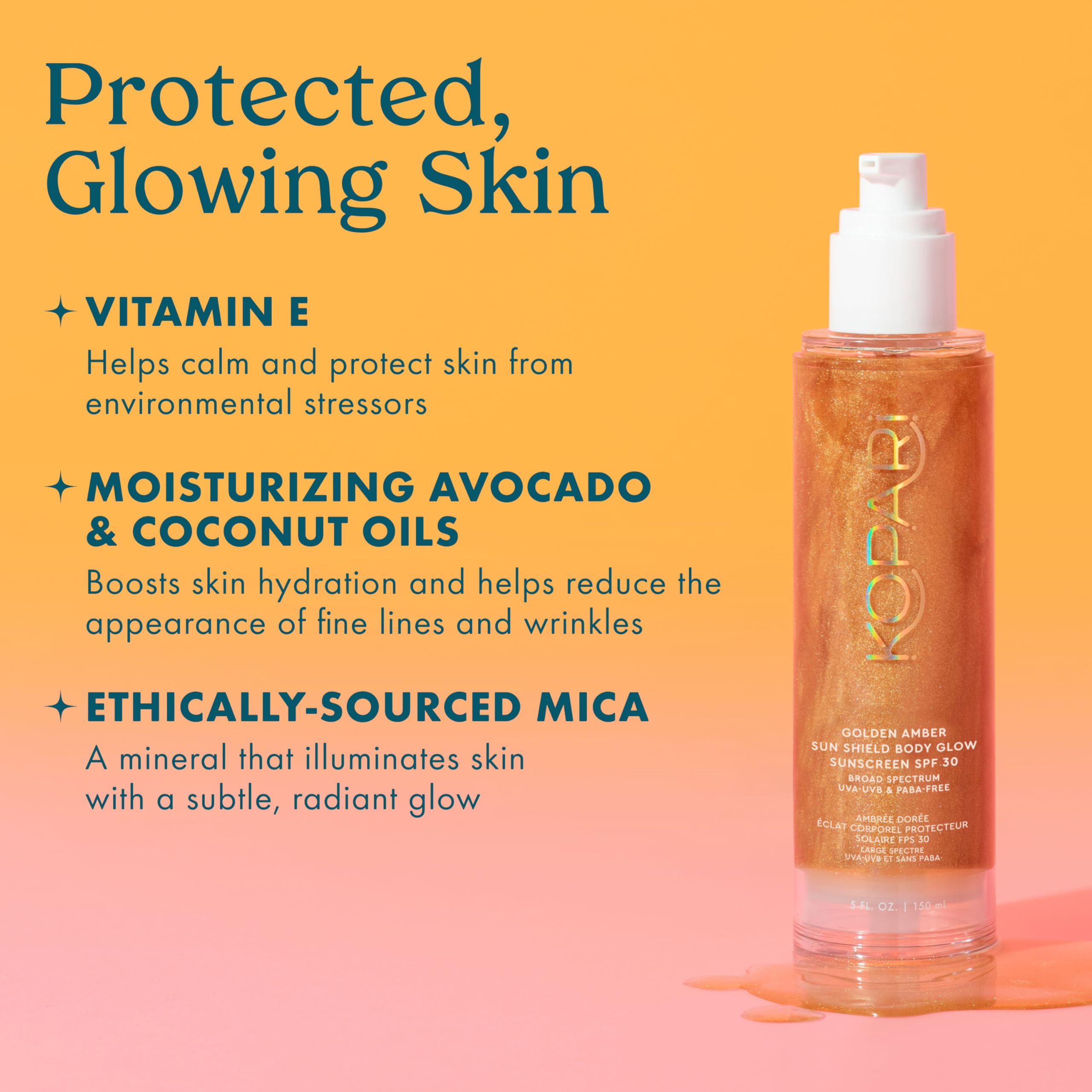 Kopari Sun Shield Body Glow, huile macadamia hibiscus pour nourrir la peau.